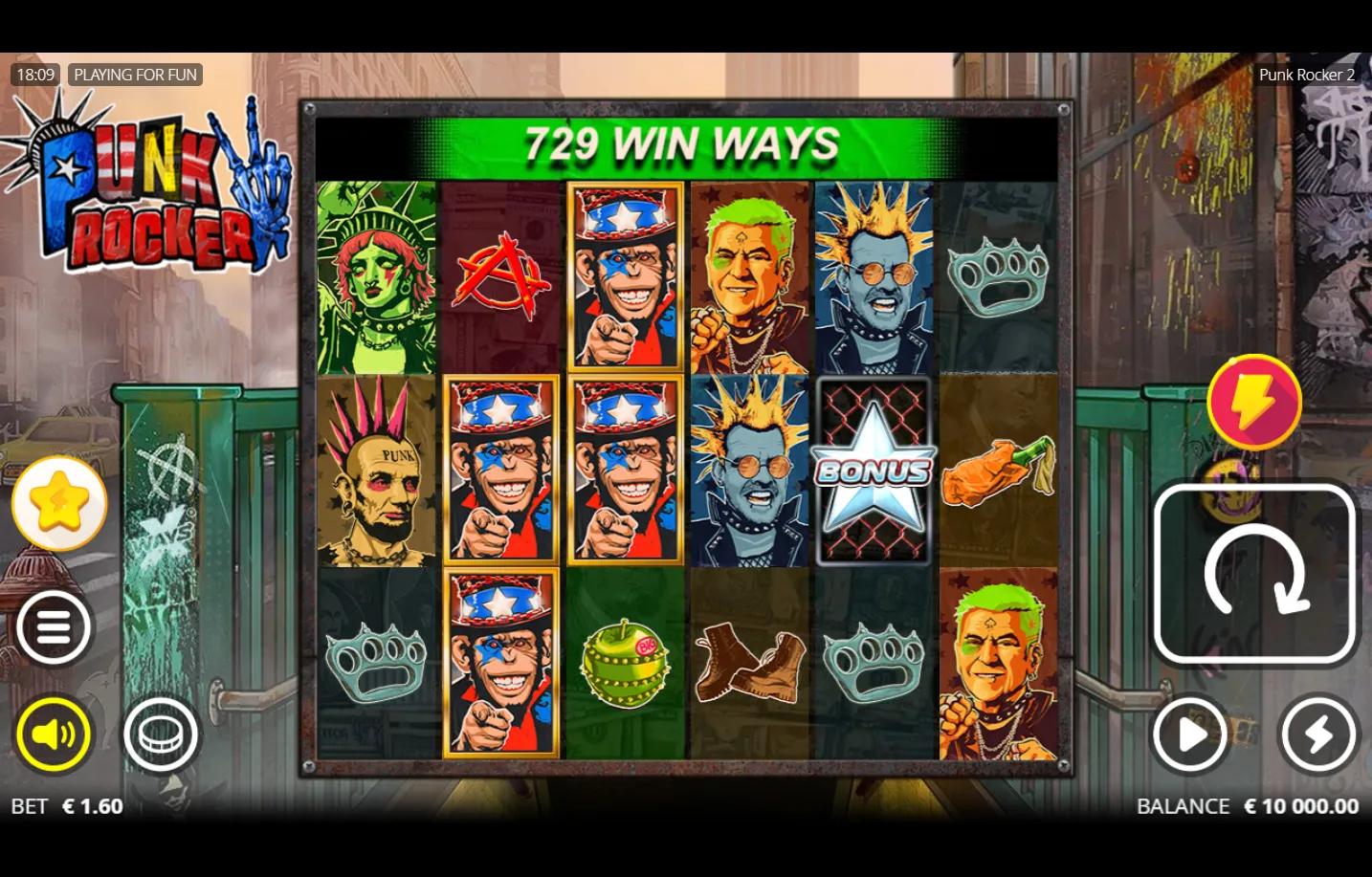 Punk Rocker 2 slot gameplay showing 6x3 grid with Jumping Wilds and Train Enhancer trains in graffitied NYC subway riot scene