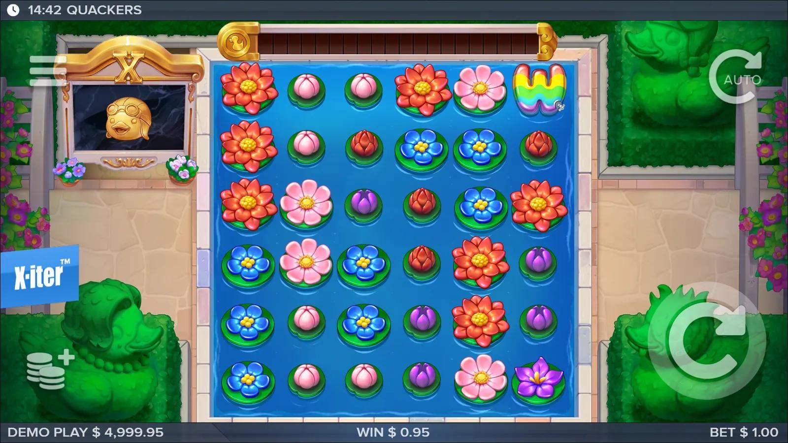Quackers slot gameplay showing 6x6 cluster grid of pond flowers and rubber ducks with wild symbol