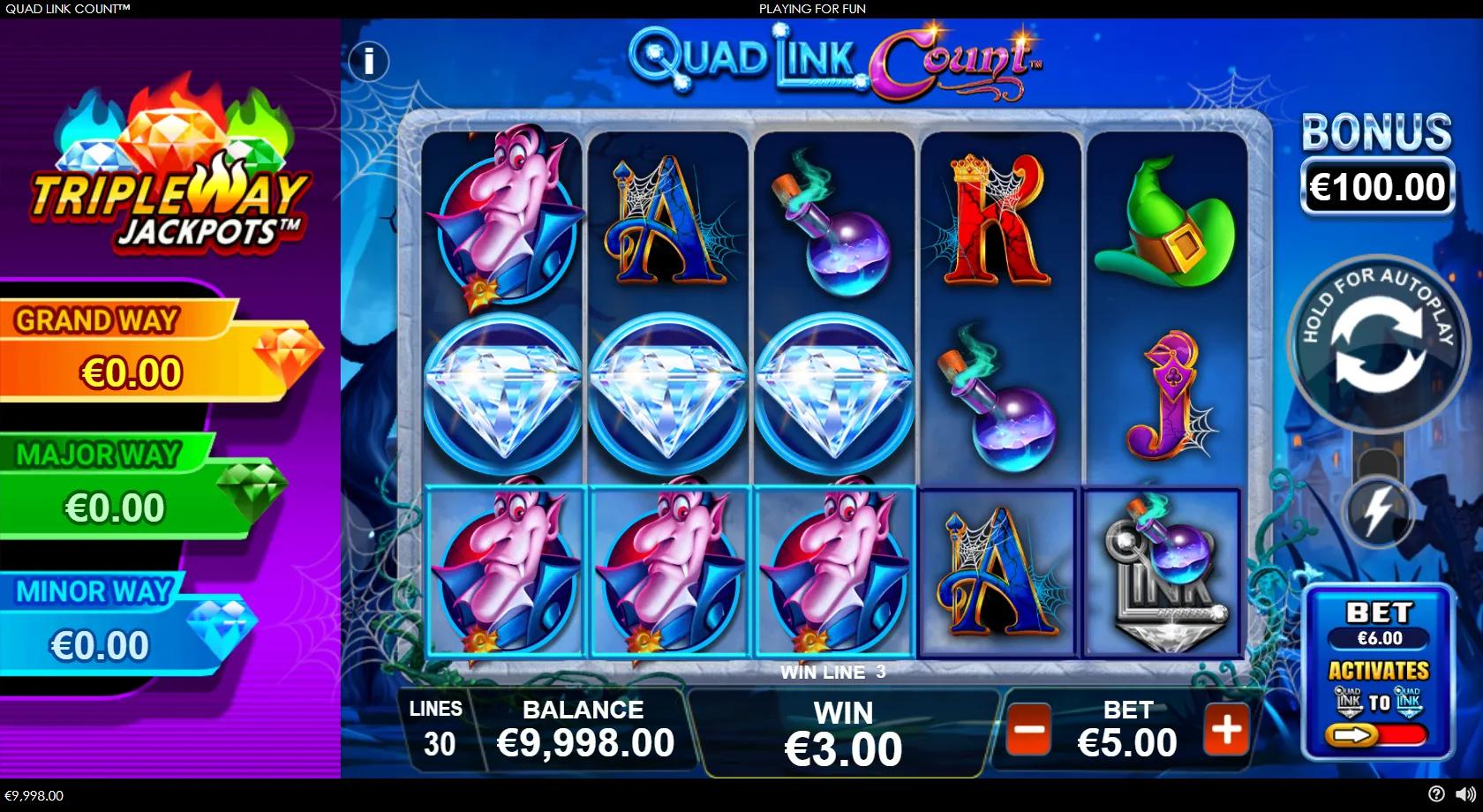 Quad Link Count slot gameplay showing a 5x3 gothic graveyard grid with a cartoon Count Dracula, bats, blue diamonds and a potion, and the Triple Way progressive jackpots