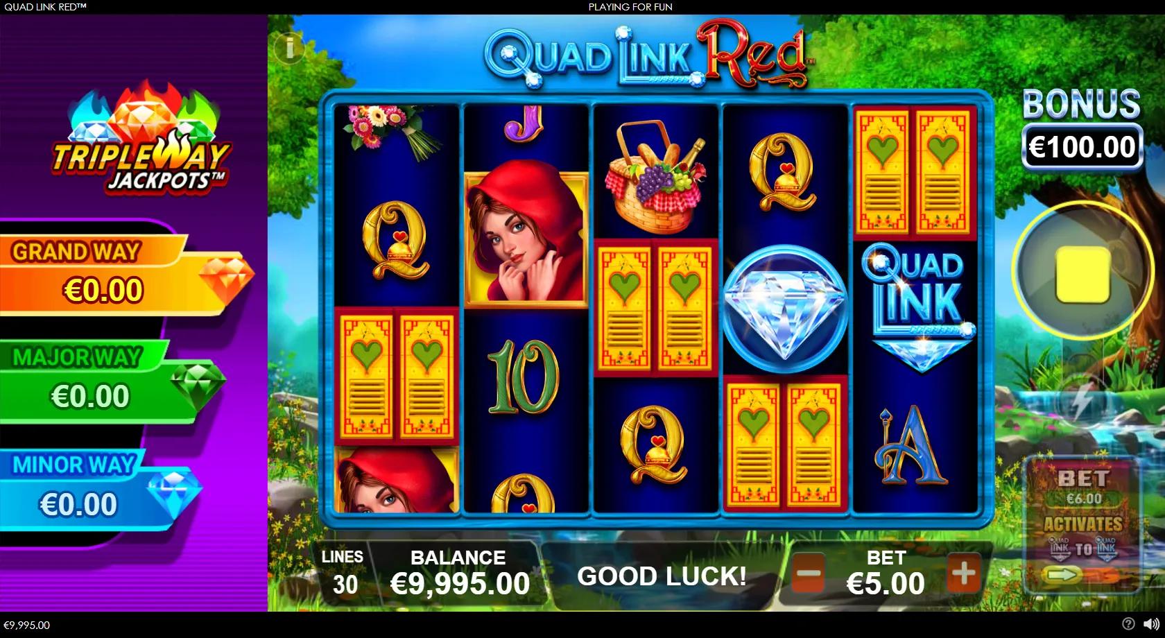 Quad Link Red slot gameplay showing a 5x3 fairytale forest grid with Little Red Riding Hood, the Big Bad Wolf, picnic and diamond symbols, and the Triple Way Jackpots gem logo