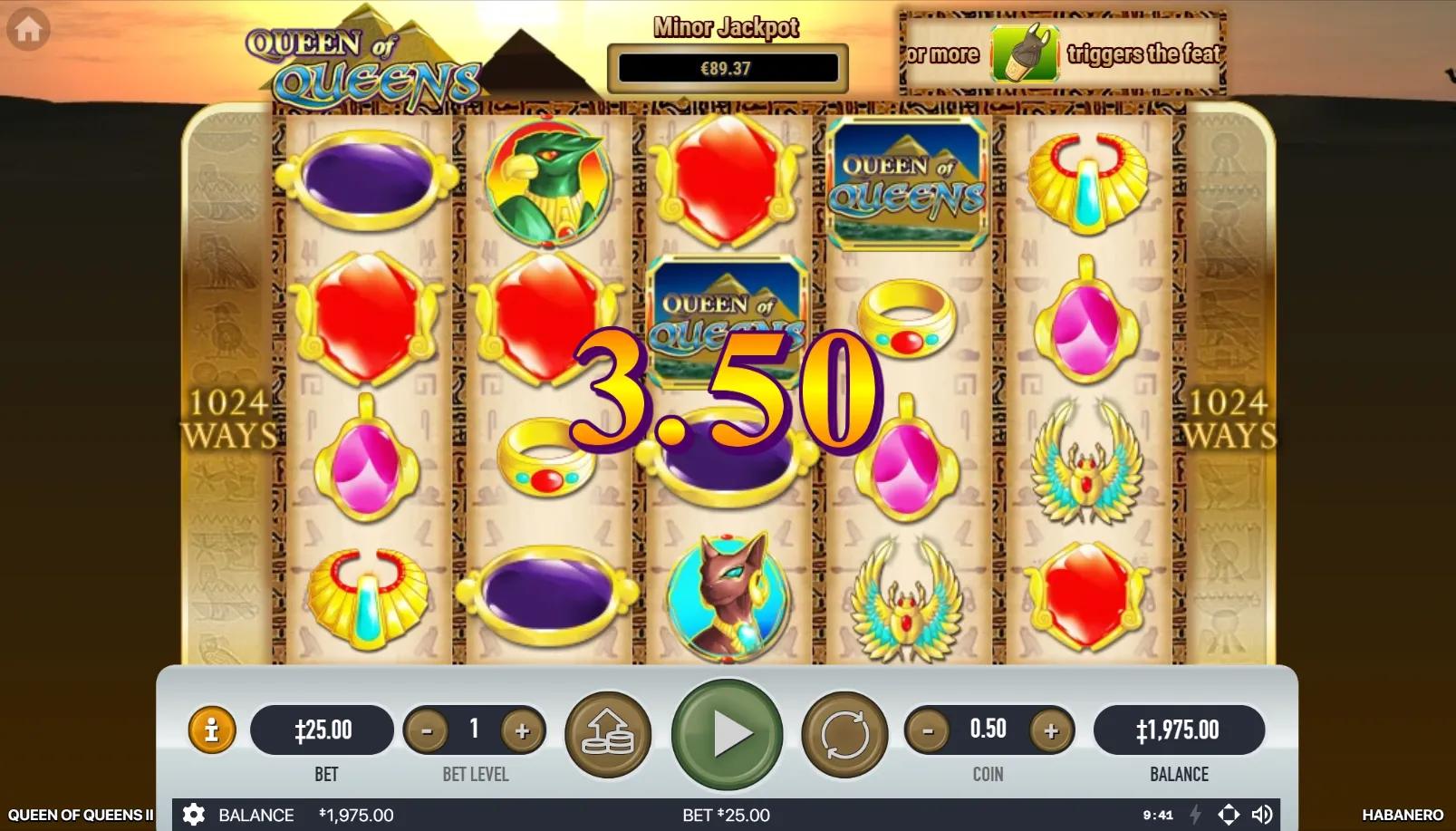 Queen of Queens II slot gameplay showing 5x4 grid with 1024 Ways and Egyptian gem symbols above a 3.50 win panel