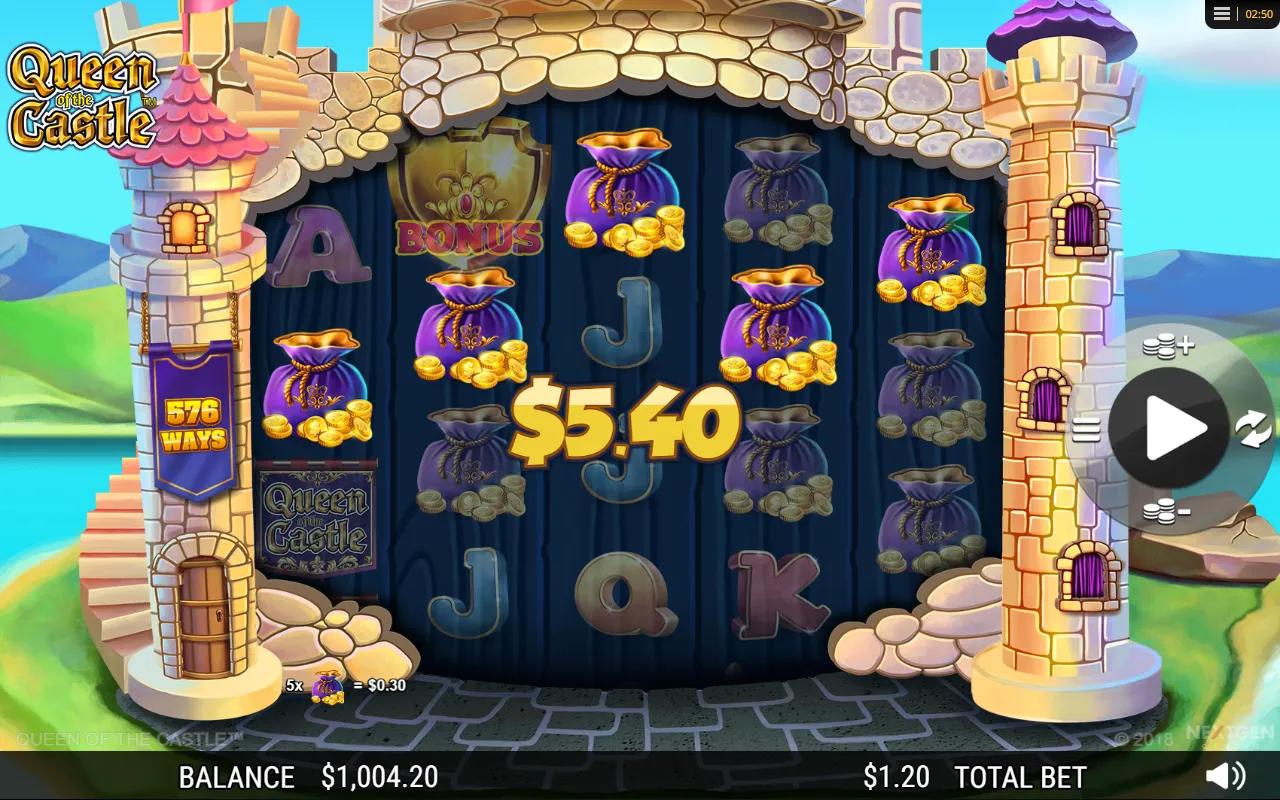 Queen of the Castle slot gameplay showing 5x3 castle reels with Crown symbols and a $5.40 free games win
