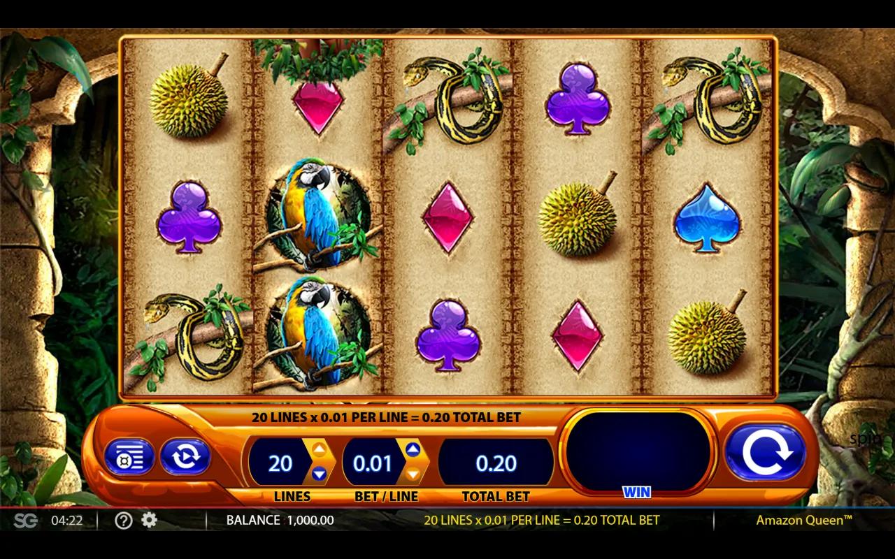Queen of the Wild 5x3 reels with parrot scatter and jungle Mayan archway background, Light & Wonder slot gameplay.