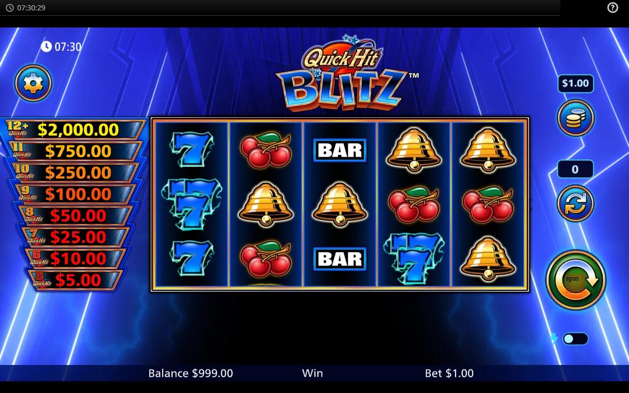 Quick Hit Blitz Blue slot gameplay with blue 7s, BAR symbols, Cherries, and QH planet scatters on neon Art Deco reels
