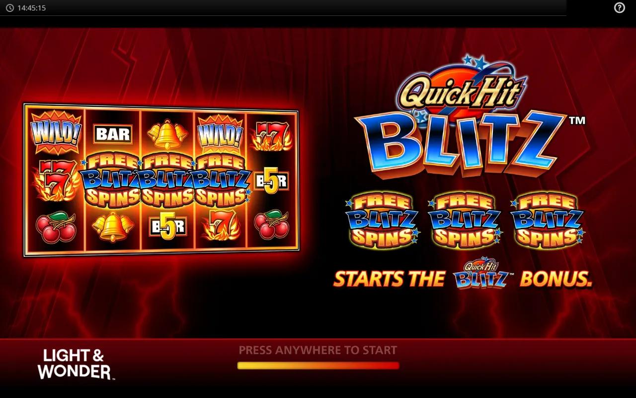 Quick Hit Blitz Red slot showing 5x3 reels with FREE BLITZ SPINS scatter feature and flaming Triple 7s symbol