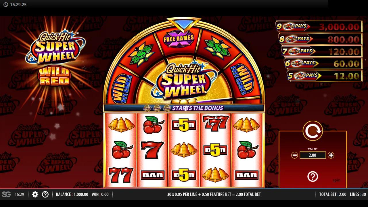Quick Hit Super Wheel Wild Red slot gameplay showing 5x3 reels with the Super Wheel bonus wheel above