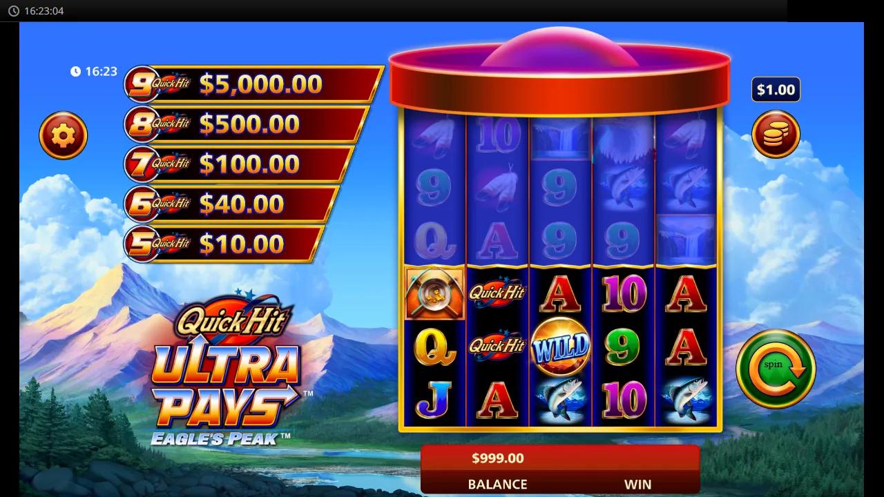 Quick Hit Ultra Pays Eagle's Peak slot gameplay showing 5-reel expanding curtain grid with WILD orb and Quick Hit scatters