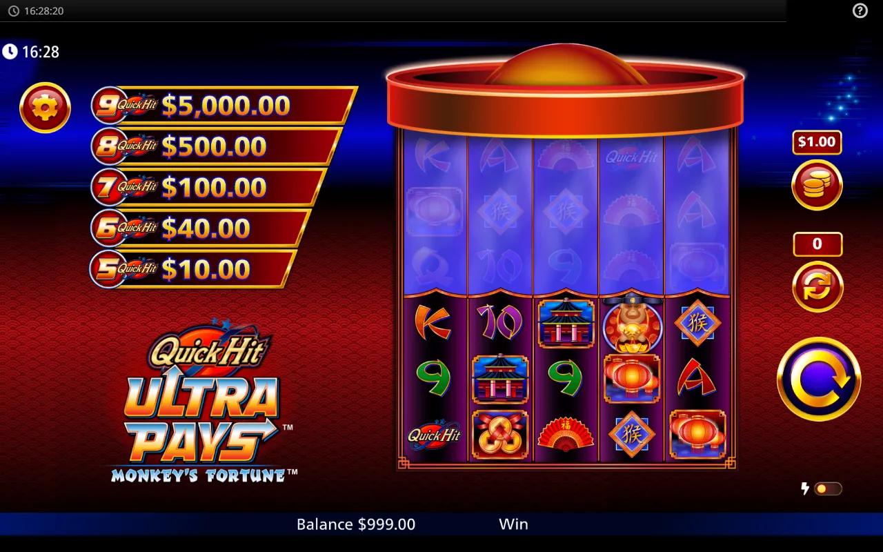 Quick Hit Ultra Pays Monkey's Fortune slot showing 5x3 grid with monkey premium and Quick Hit scatter symbols
