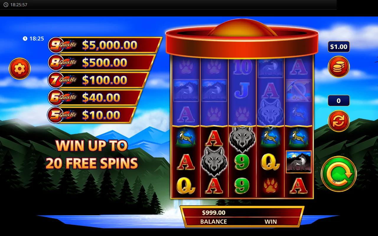 Quick Hit Ultra Pays Wolf Mountain slot showing 5x4 grid with wolf, stag and mountain symbols on red-rimmed reel cylinder
