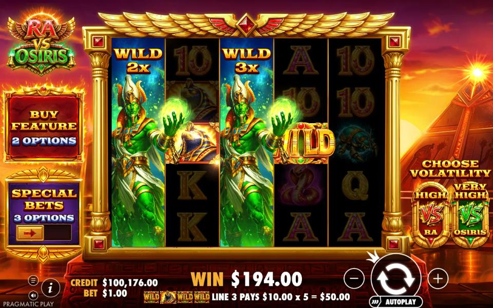 Ra vs Osiris base game on the Ra side with two expanded wilds, 2x on reel 1 and 3x on reel 3, paying 194x the bet