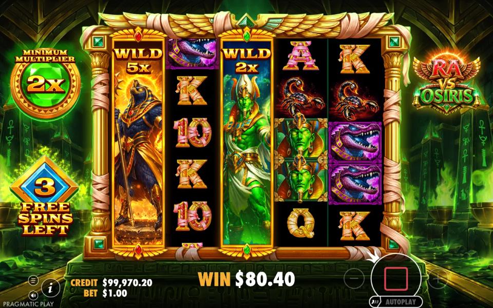 Osiris free spins with a 5x walking wild on reel 1 and a 2x wild on reel 3, three free spins left, minimum multiplier 2x