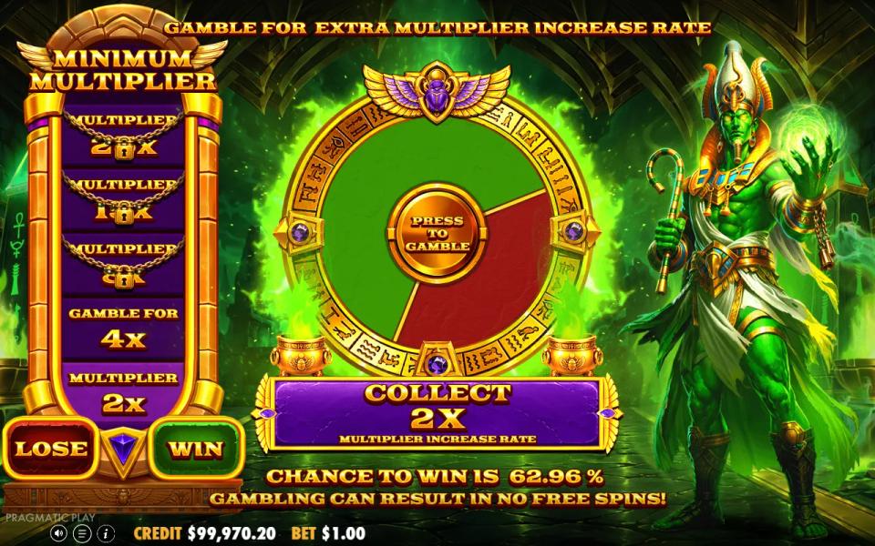 Ra vs Osiris gamble wheel before the free spins, offering 4x for the 2x minimum multiplier at a 62.96% chance