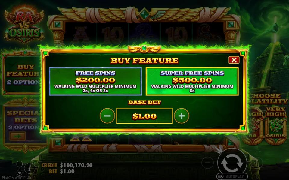Osiris Buy Feature menu at a 1.00 base bet: Free Spins for 200.00 and Super Free Spins for 500.00