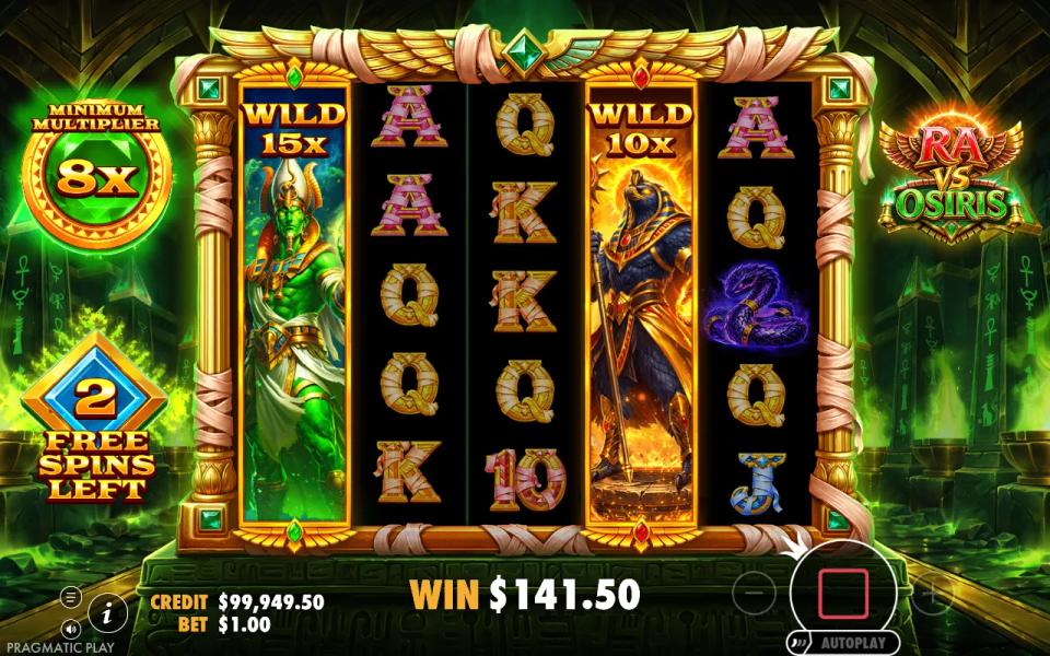 Osiris Super Free Spins with an 8x minimum, a 15x wild on reel 1 and a 10x wild on reel 4, two free spins left