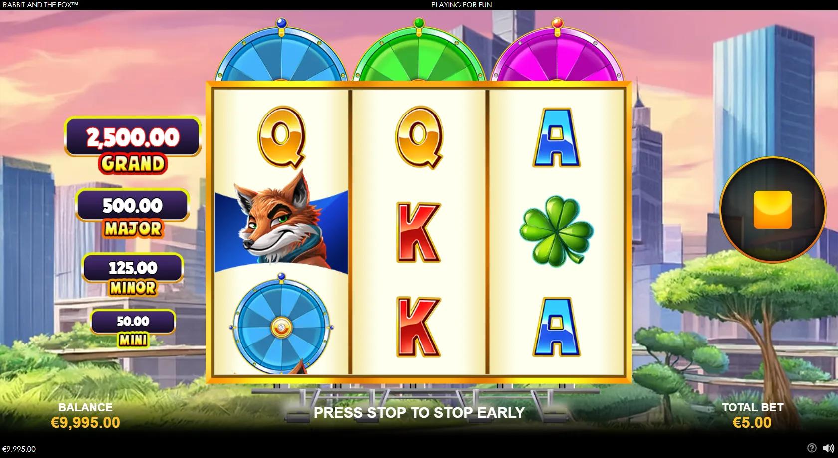 Rabbit and the Fox slot gameplay showing 3x3 city grid with rabbit and fox, three bonus wheels and four jackpot tiers