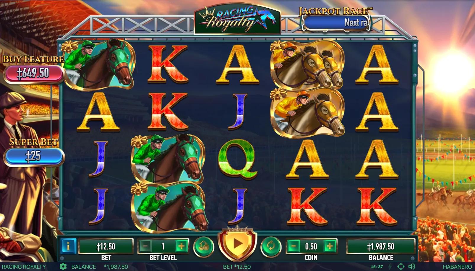 Racing Royalty slot gameplay showing 5x4 grid with racetrack royals and double-horse high symbol