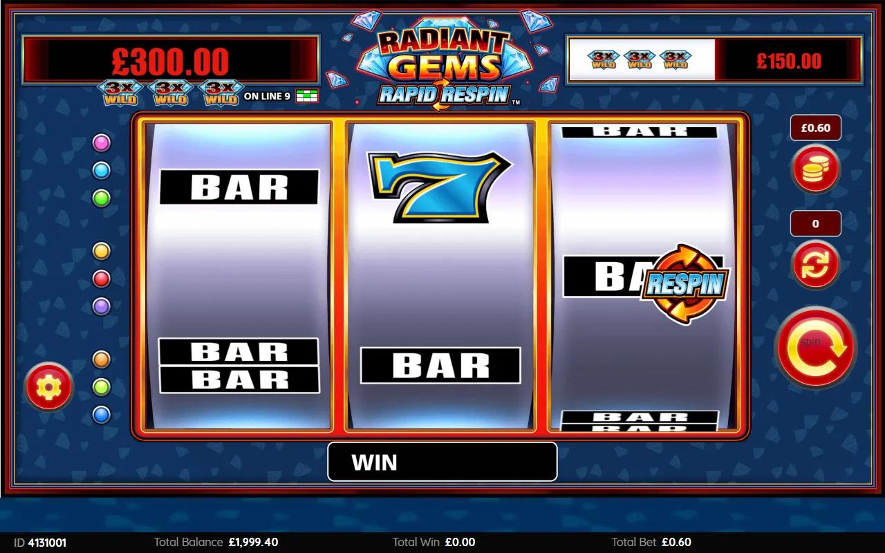 Radiant Gems Rapid Respin slot showing 3x3 reels with diamond WILD, coloured 7s, BAR symbols and Rapid Respin trigger