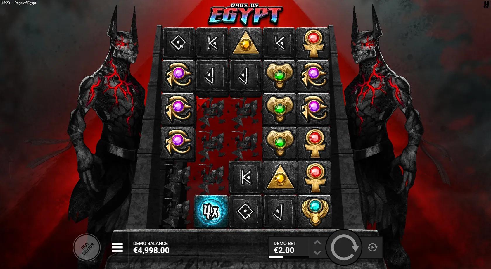 Rage of Egypt slot gameplay showing the 5x6 cluster grid mid-cascade with a blue Soul Orb 4x wild between two Anubis figures