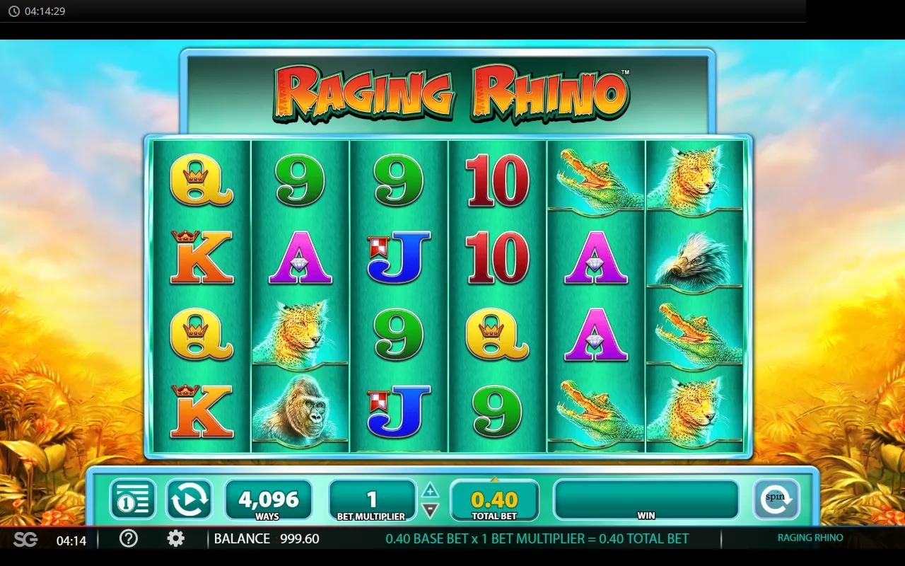 Raging Rhino 6x4 reels with Rhino, Gorilla and Leopard premiums on a sunlit African savannah background