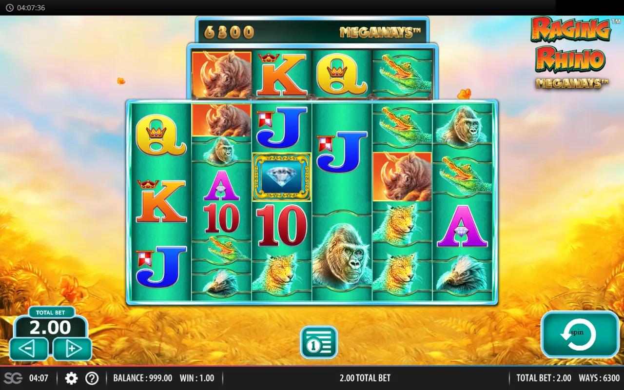 Raging Rhino Megaways gameplay screen with six variable-height reels and four-cell top reel above an African savanna sunset.