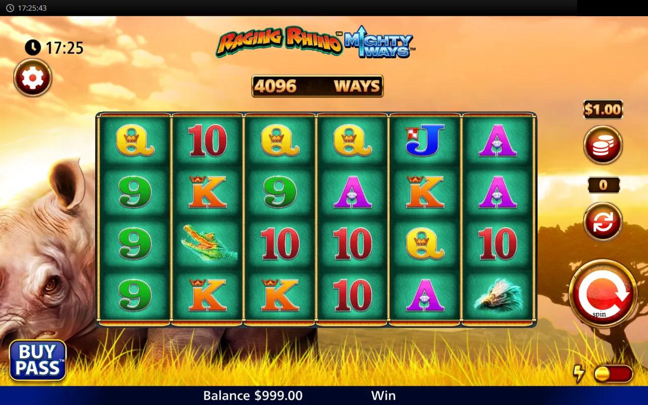 Raging Rhino Mighty Ways slot showing 6x4 reels with Rhino, Gorilla and Eagle premium symbols against an African sunset