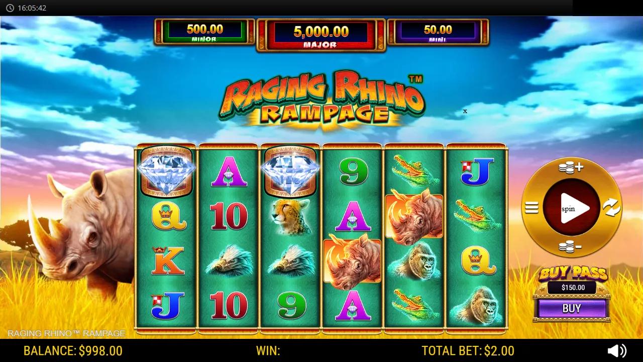 Raging Rhino Rampage Buy Pass slot gameplay showing 6x4 grid with two diamond scatters and stacked rhino symbols