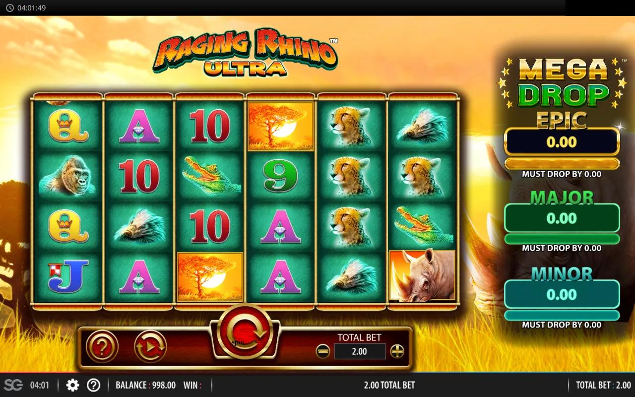 Raging Rhino Ultra 6x4 reels with African wildlife symbols and Mega Drop jackpot panel showing Minor, Major and Epic tiers