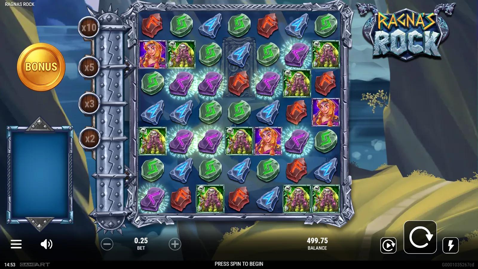 Ragna's Rock slot gameplay showing the 7x7 Norse cluster grid with Viking warriors, rune gems and the feature charge meter