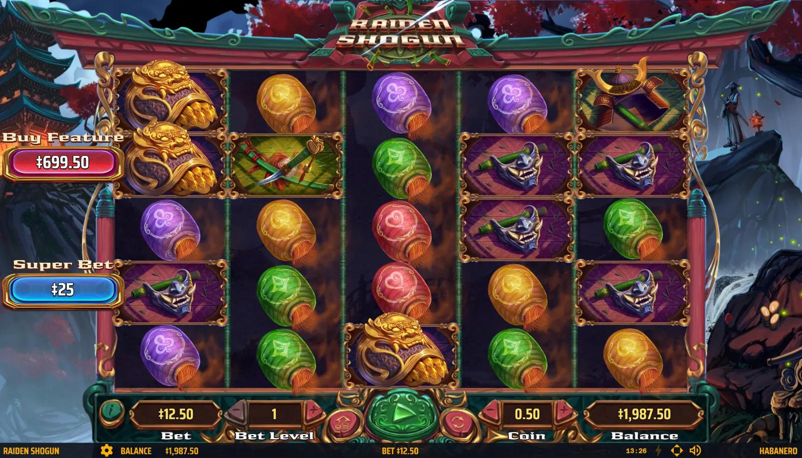 Raiden Shogun slot gameplay showing 5x5 grid with Japanese lanterns, oni mask, and golden Komainu symbol