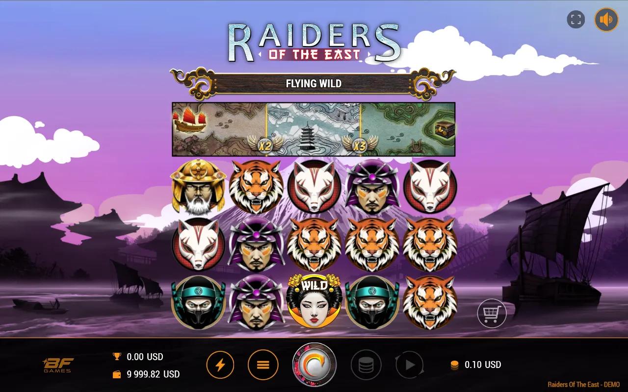 Raiders of the East slot 5x3 ways grid with Flying Wild geisha and the Shogun's Treasure ship map
