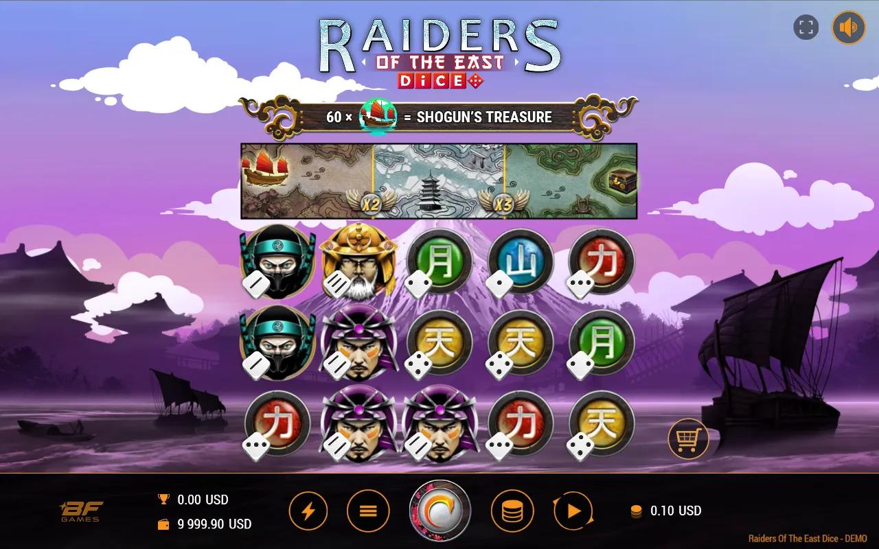 Raiders of the East Dice slot 5x3 grid of samurai and kanji medallions with dice pips below the Shogun's Treasure map