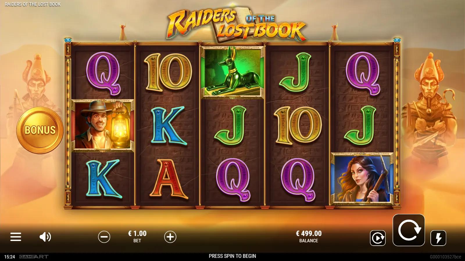 Raiders of the Lost Book slot gameplay showing the 5x3 Egyptian grid with explorer, Anubis statue, scarab and hieroglyph royal symbols