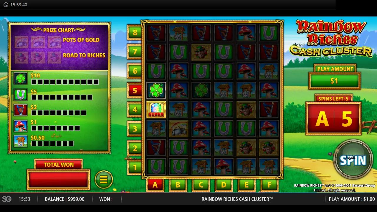 Rainbow Riches Cash Cluster gameplay showing the 6x8 co-ordinate grid with clover and horseshoe clusters and the Prize Chart