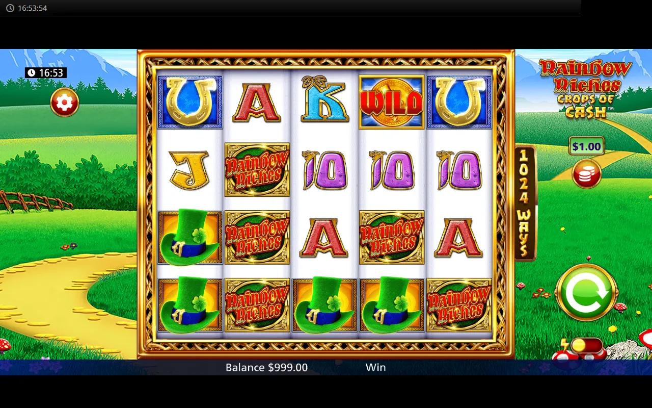 Rainbow Riches Crops of Cash gameplay showing 5x4 grid with 1024 ways and COIN scatters against the rolling Irish countryside