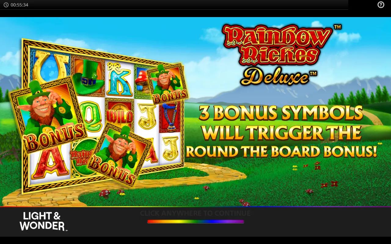 Rainbow Riches Deluxe 5x3 reels with Bonus Trail meter on the left and Leprechaun symbols against a green Irish hillside