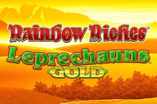 Rainbow Riches Leprechauns Gold slot showing the 7-reel 50-line Irish theme with Wild Rover and Big Bet