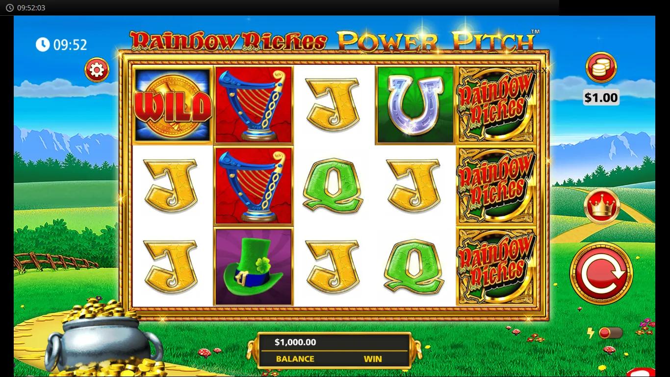 Rainbow Riches Power Pitch slot by Light & Wonder Barcrest, 5x3 grid in gold frame on green Irish meadow