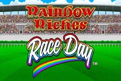 Rainbow Riches Race Day slot promo art showing 6x4 horse-racing grid with Grand Derby Race Day branding