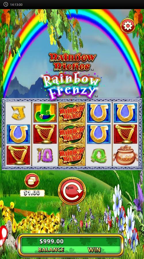 Rainbow Riches Rainbow Frenzy slot gameplay showing 5x3 grid with stacked Rainbow Riches wilds and Pots of Gold cash symbols