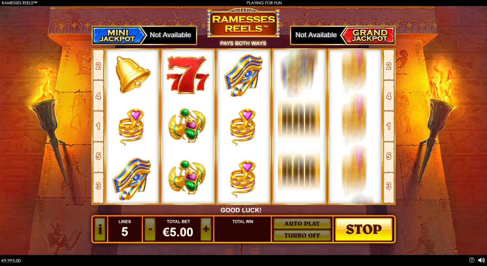 Ramesses Reels slot classic 5x3 Egyptian machine with Eye of Horus, scarab, gold Ankh, BAR and red stacked B wild symbols