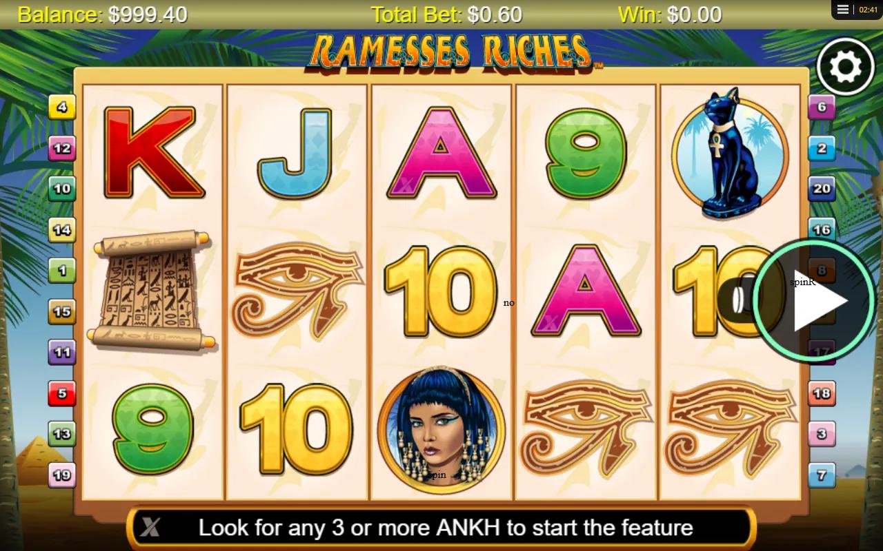 Ramesses Riches slot gameplay showing 5x3 Egyptian reels with Cleopatra, Bastet cat and Eye of Horus symbols on 20 paylines