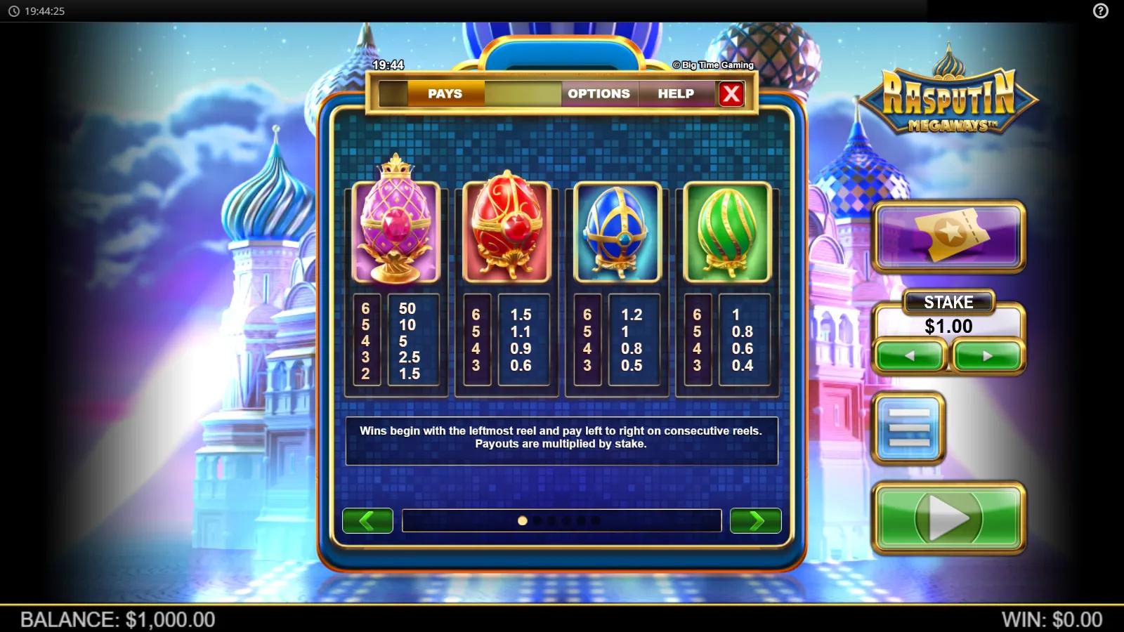 Rasputin Megaways slot PAYS screen showing jewelled Faberge egg payouts before St Basil's Cathedral at dusk