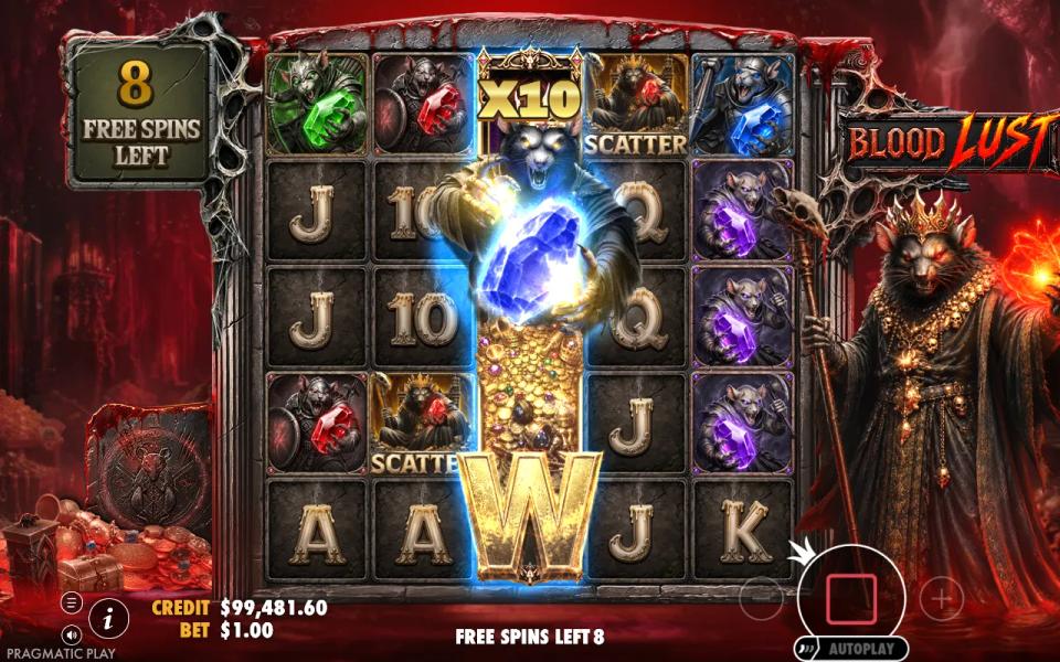 Rat Royale Blood Lust free spin with the expanded Rat King Wild at x10 across the middle reel holding a blue gem, rat and royal symbols on a 5x5 board