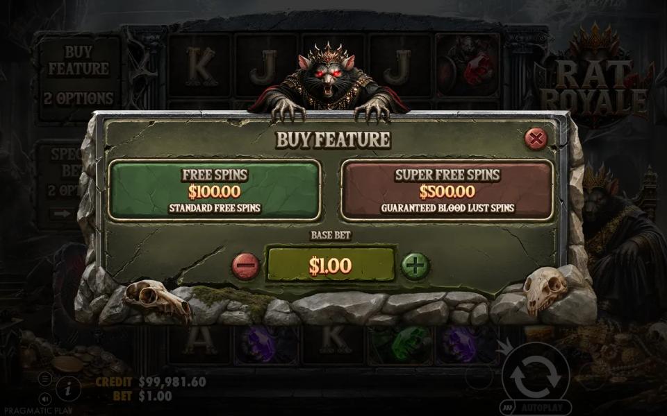 Rat Royale Buy Feature menu offering Free Spins at 100x and Super Free Spins with guaranteed Blood Lust at 500x the base bet