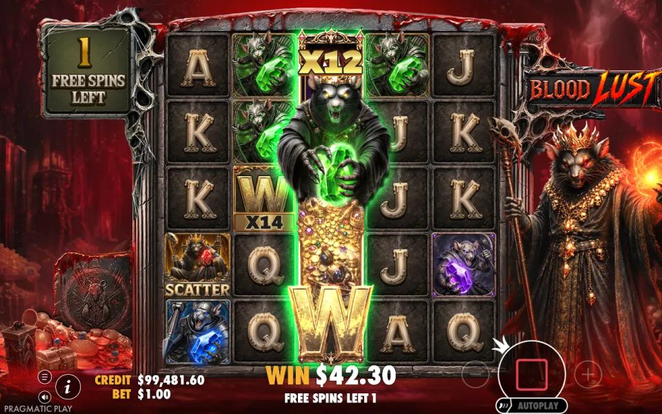 Rat King Wild at x12 with a green gem beside a normal wild raised to x14 on the second reel during Blood Lust