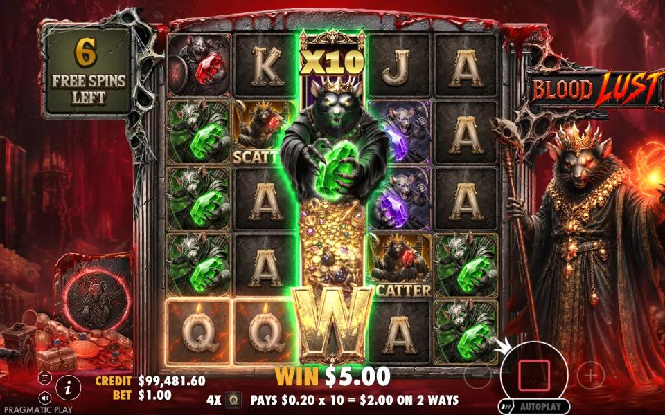 Blood Lust spin with the Rat King at x10 and a four-of-a-kind of queens paying on two ways