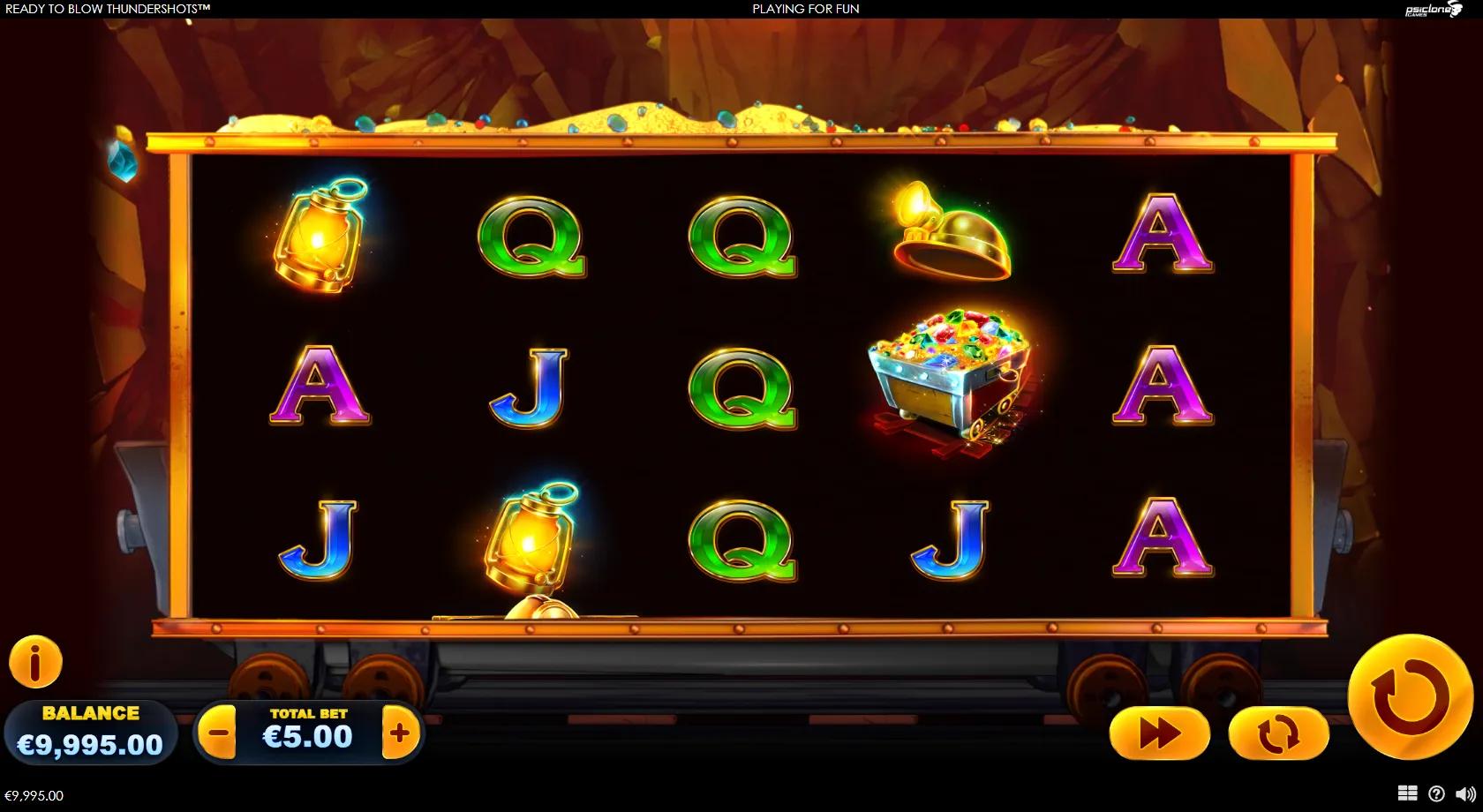 Ready to Blow Thundershots gameplay showing 5x3 mine-cart reels with a prospector wild and gem carts
