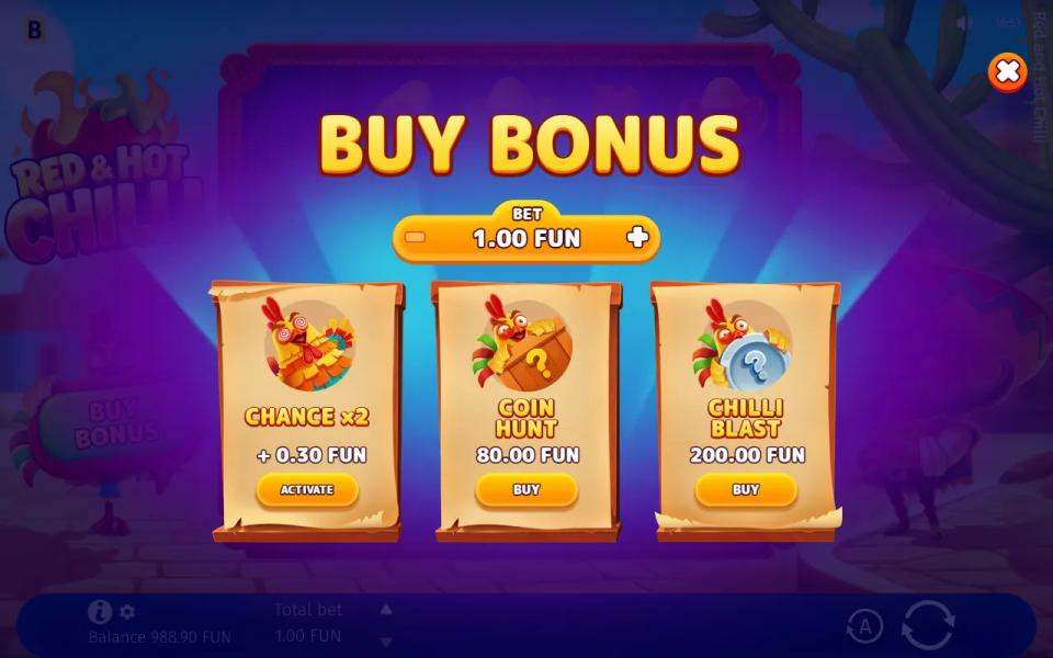 Buy Bonus menu listing Chance x2, Coin Hunt at 80x and Chilli Blast at 200x the bet