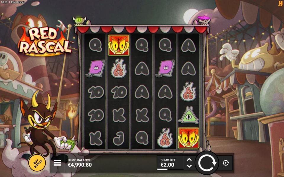Red Rascal base game with two Rascal symbols on the grid, one short of the respin trigger