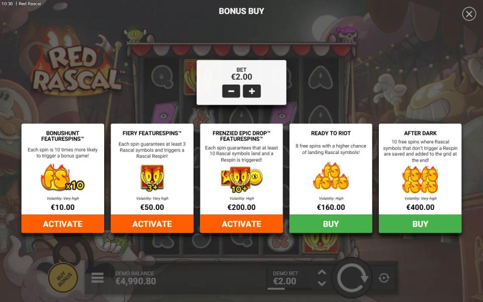 Red Rascal bonus buy menu showing three FeatureSpins toggle modes and two one-off bonus purchases with their prices and volatility labels